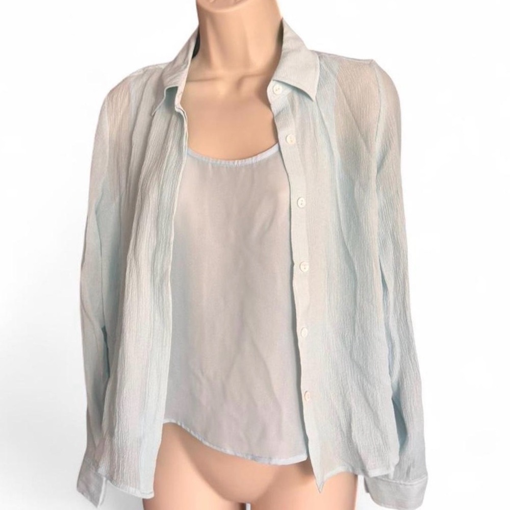 Charter Club Vintage 6 Petite 100% Silk Crinkle Button Blouse & Cami Set Blue